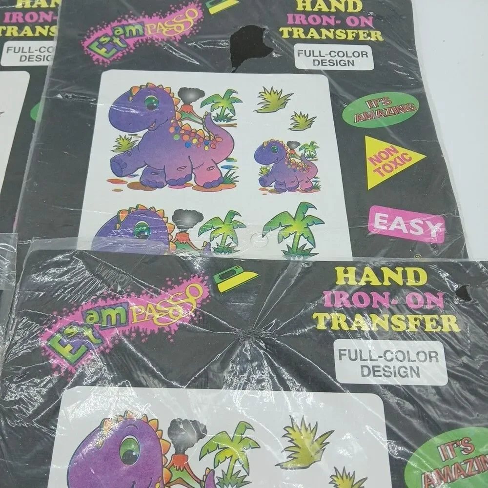 Vintage 80s Iron-on Transfer Sheets Colorful Cartoon & Dinosaurs 4pk Sealed